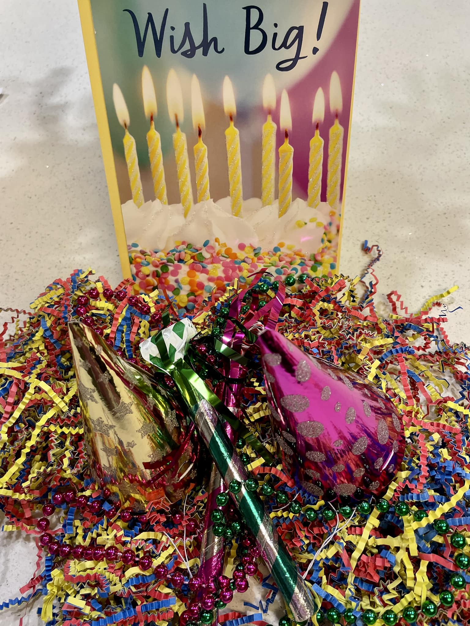 Birthday Card, hats, horns, beads