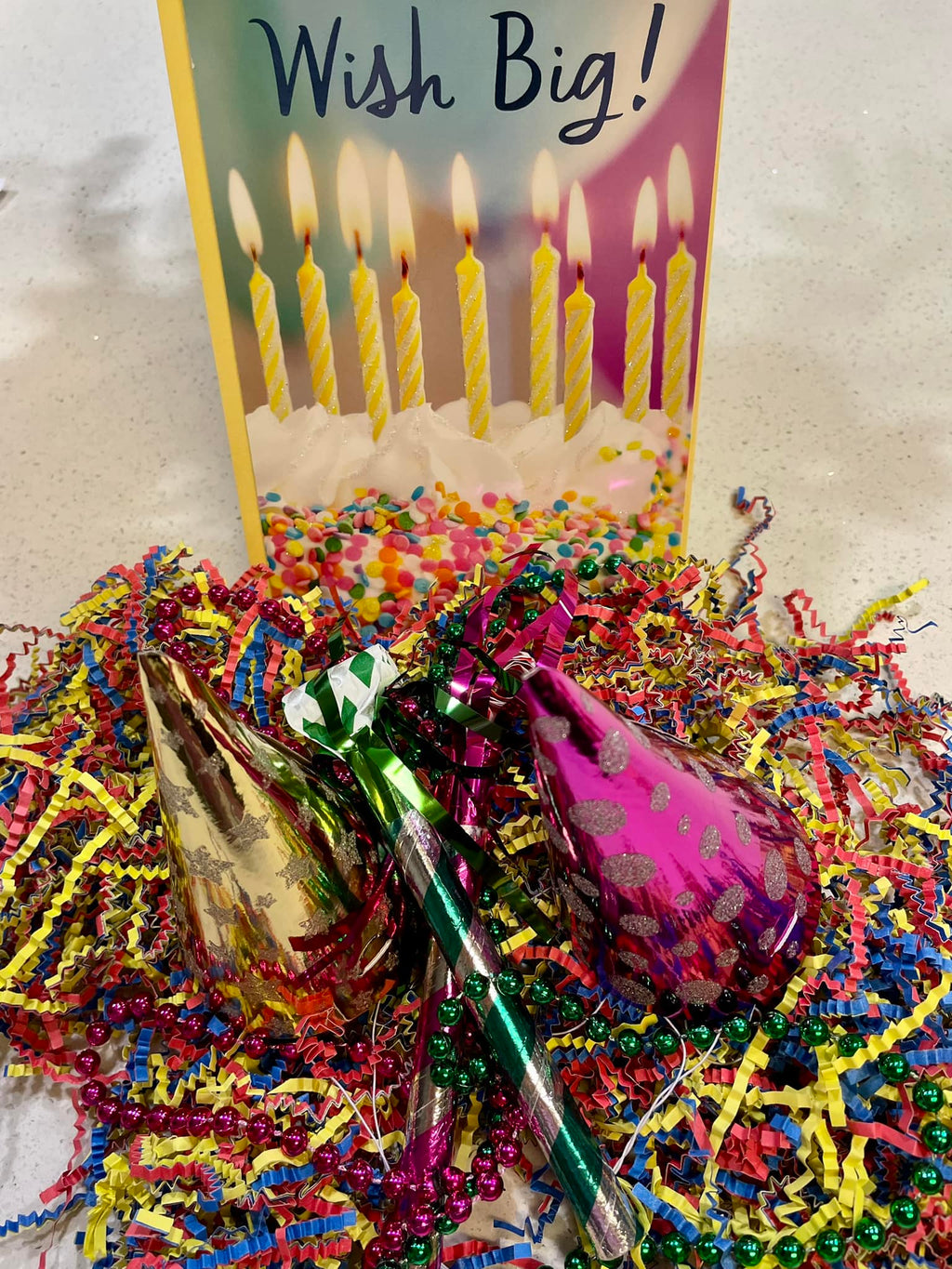 Birthday Card, hats, horns, beads